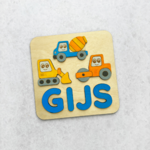 Houten naampuzzel Bouwthema met voertuigen