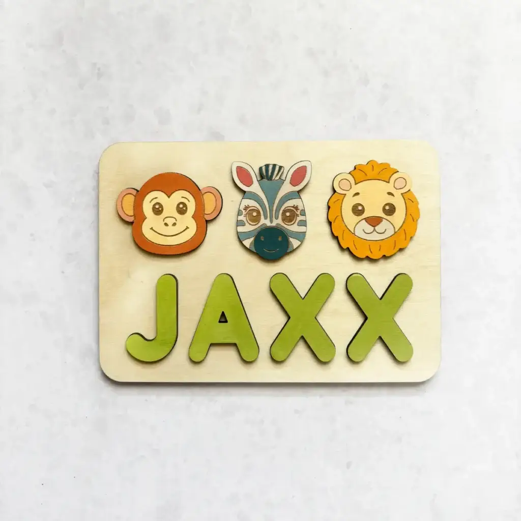 Houten naampuzzel Safari thema met leeuwen, apen en zebra